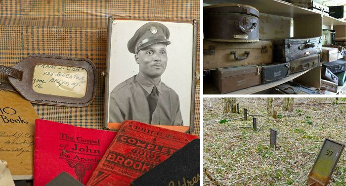 Old black and white photo, antique suitcases, and weathered grave markers linked to unsettling history and crime stories.