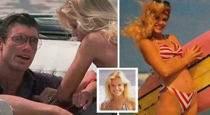 Man and woman in a car and woman in striped bikini with surfboard, representing unsettling history and crime stories.