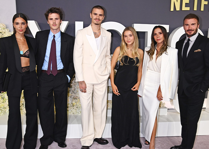 Cruz Beckham and his mom lookalike girlfriend posing together at a formal event, sparking buzz about how old she is