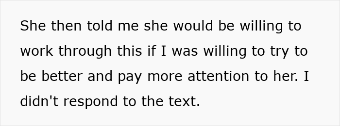 Text message conversation discussing willingness to work through issues and ignoring a reply about paying more attention to partner.