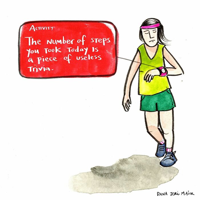 Comic illustration by Dana Jeri Maier showing a runner checking a watch with a funny modern life observation.