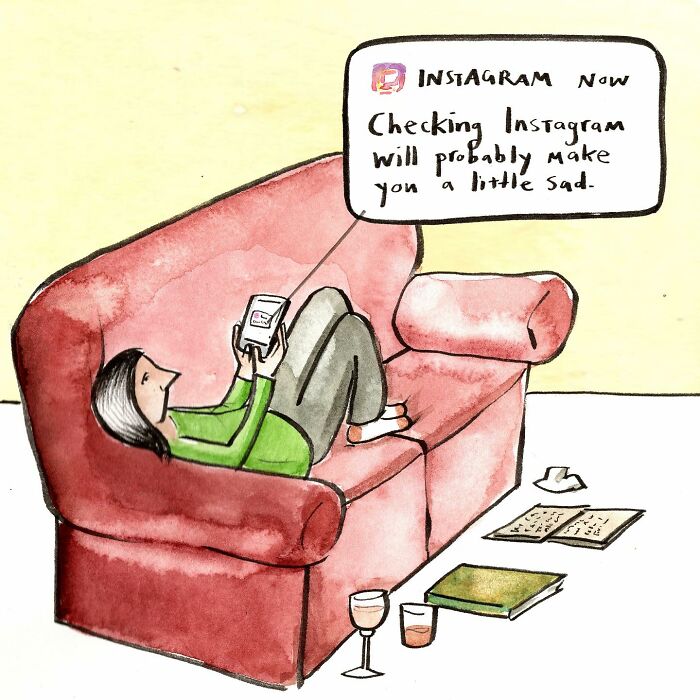 Comic illustration by Dana Jeri Maier showing a runner checking a watch with a funny modern life observation.