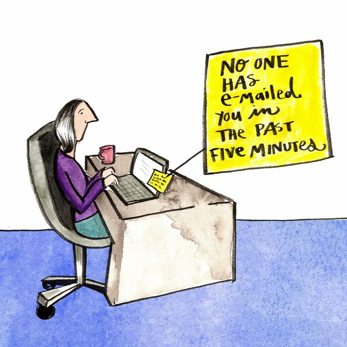 Comic illustration by Dana Jeri Maier showing a runner checking a watch with a funny modern life observation.