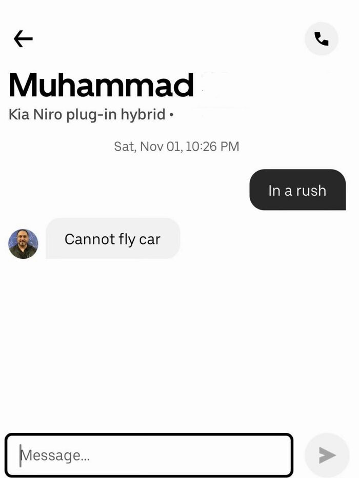 Chat screen showing a funny text exchange from Uber drivers with a message saying cannot fly car.