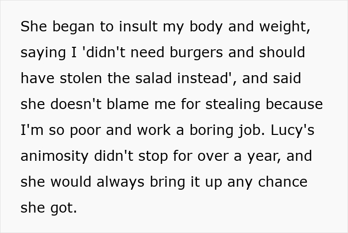 Text describing SIL insulting weight and job, linked to guy eating leftovers and fearing to tell wife.