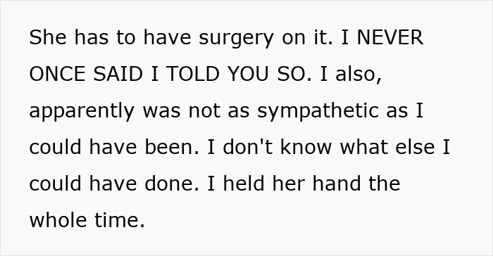 Text showing a husband expressing regret after his wife needs surgery from a dangerous gift she received, highlighting caution.