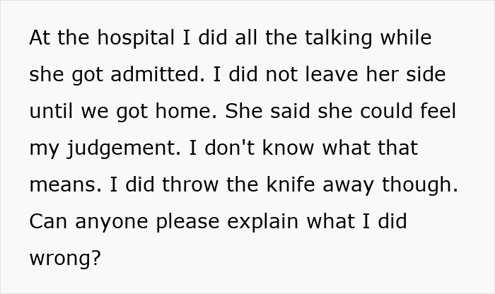 Text excerpt showing a husband&rsquo;s perspective after hospital visit, concerned about a dangerous gift from wife&rsquo;s mom.