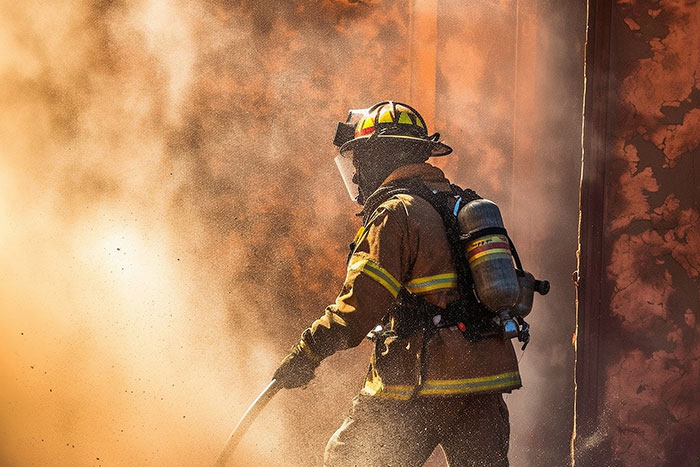Firefighter in full gear battling intense flames surrounded by smoke illustrating dangerous things people willingly or unwillingly did.