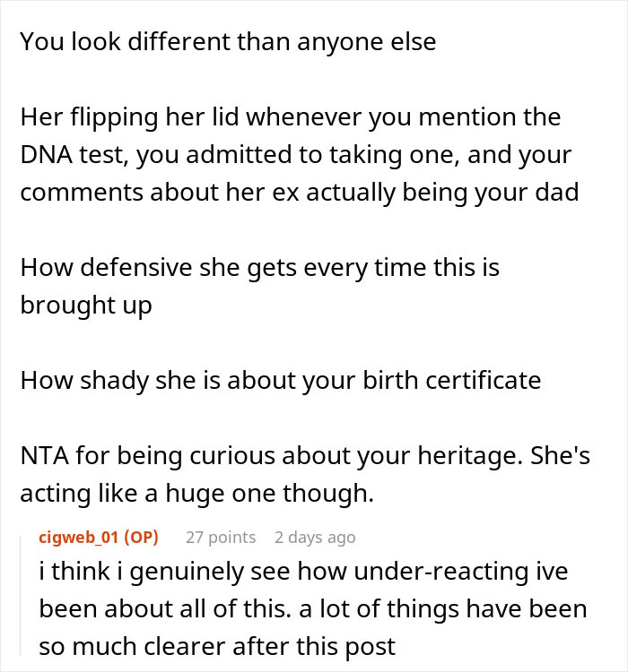 Text conversation discussing a mom’s strong reaction against her daughter getting a DNA test and related family issues. Text conversation discussing a mom’s strong reaction against her daughter getting a DNA test and related family issues.