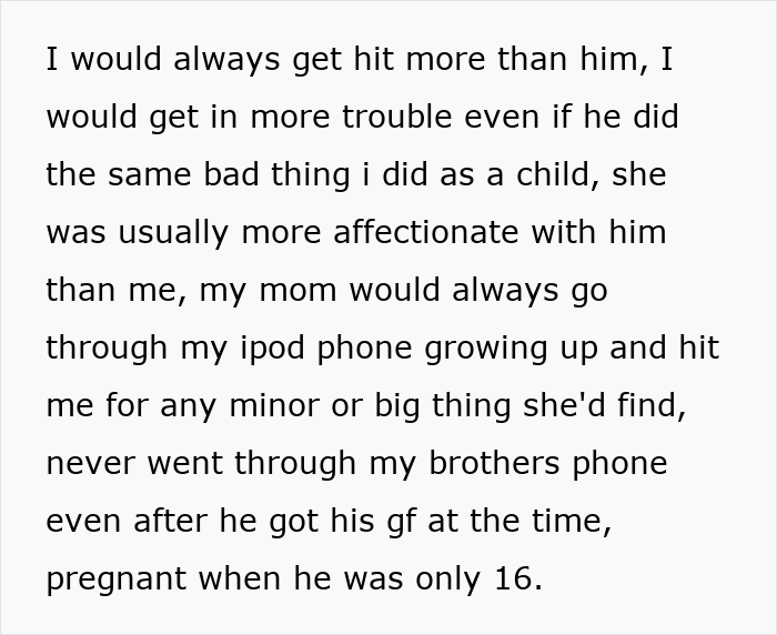 Text about a mom being unfair and more affectionate with son, causing daughter to want a DNA test even more. Text about a mom being unfair and more affectionate with son, causing daughter to want a DNA test even more.