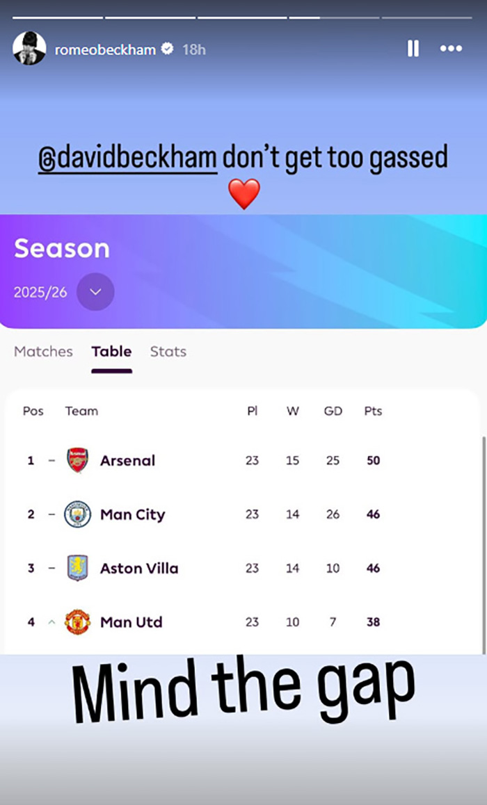 Instagram story showing football league table with David Beckham's son teasing amid ongoing family rift and public crisis.