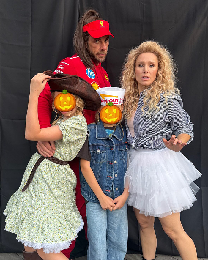 Dax Shepard with family in costumes, highlighting internet divide over freezing eggs conversation with 11-year-old daughter