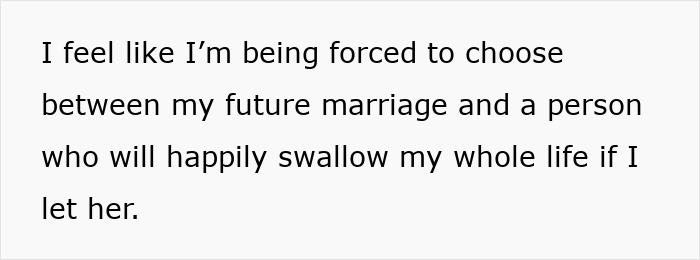 Text showing a son expressing feeling forced to choose between his future marriage and a religious mom moving in with guilt trips and sermons.