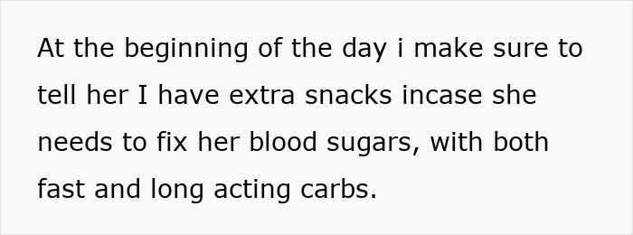 Text about preparing snacks with carbs for a diabetic woman before a walking trip without warning.