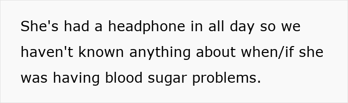 Text on a white background explaining someone was unaware of a woman's blood sugar problems during a walking trip.