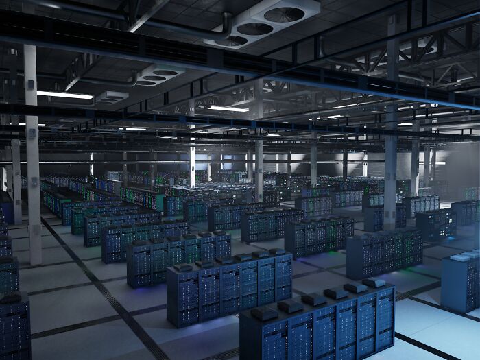 Large data center with rows of servers and cooling systems representing pressing issues plaguing America today.