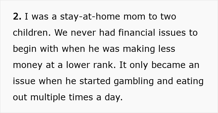 Text excerpt about a stay-at-home mom facing financial problems after husband&rsquo;s gambling leads to divorce.