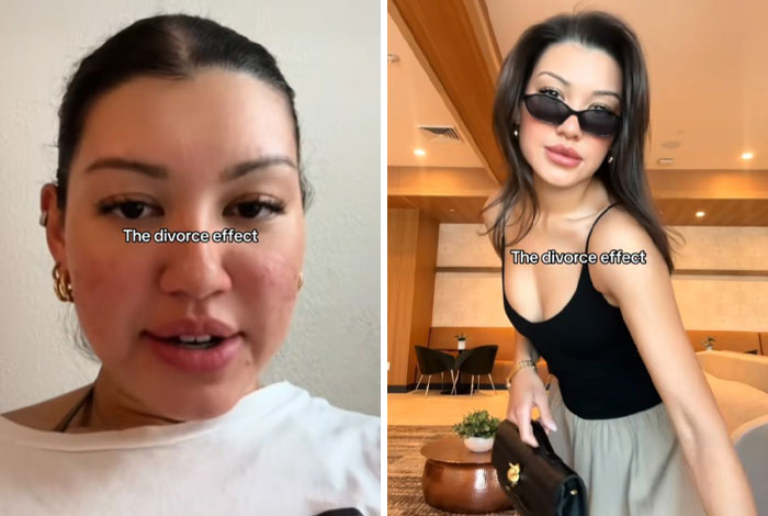 Side-by-side before and after photos showing a woman’s transformation illustrating the divorce effect makeover.