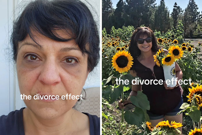 Before and after divorce makeover images showing a woman’s transformation and positive changes after getting divorced.