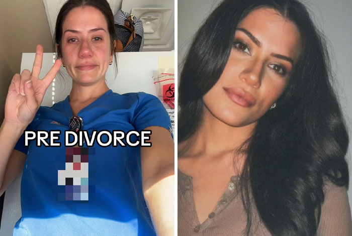 Side-by-side before and after divorce makeover photos showing a woman’s transformation and improved appearance.
