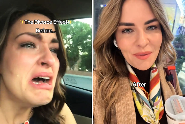 Before and after photos showing the divorce effect, highlighting personal transformation and positive makeover results.