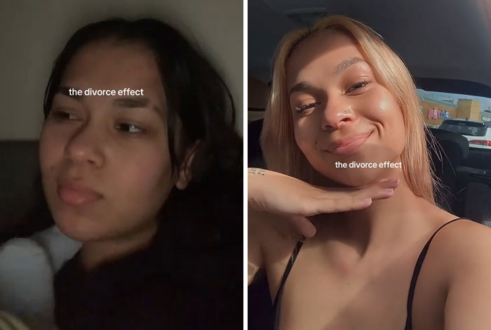 Side-by-side before and after photos showing a woman’s makeover transformation with divorce effect visible in lighting and expression.