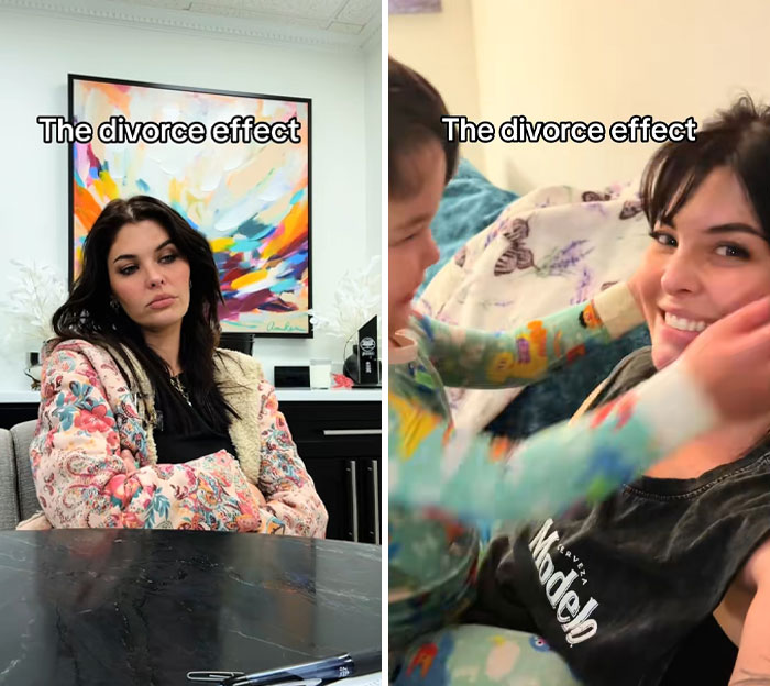 Side-by-side before and after photos showing the positive divorce effect and personal makeover transformation.