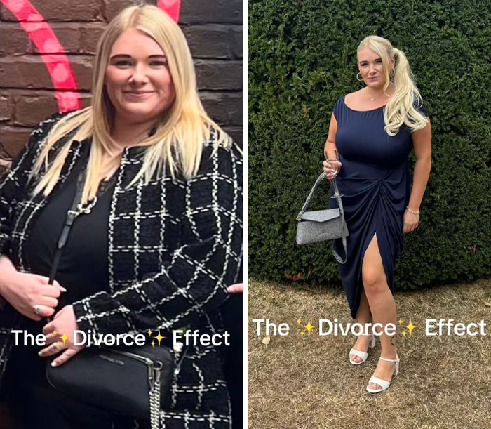 Before and after photos showing a woman's transformation as proof of divorce makeover and personal style change.