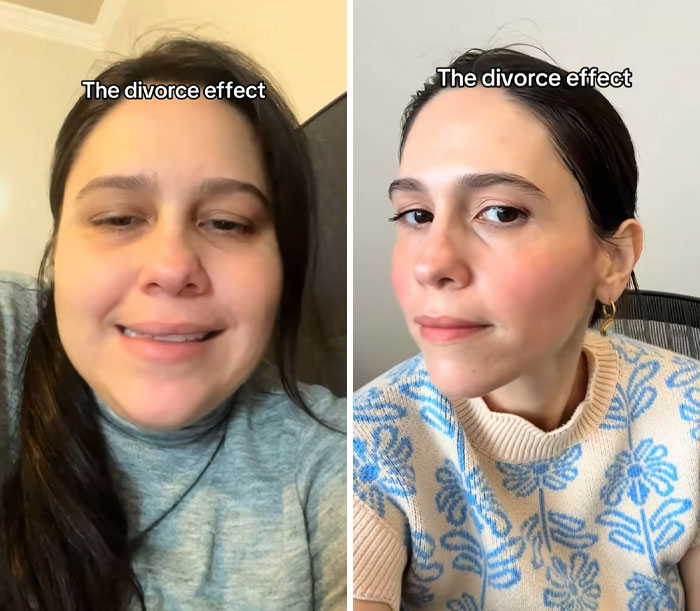 Before and after photos showing a woman's dramatic makeover illustrating the divorce effect transformation.