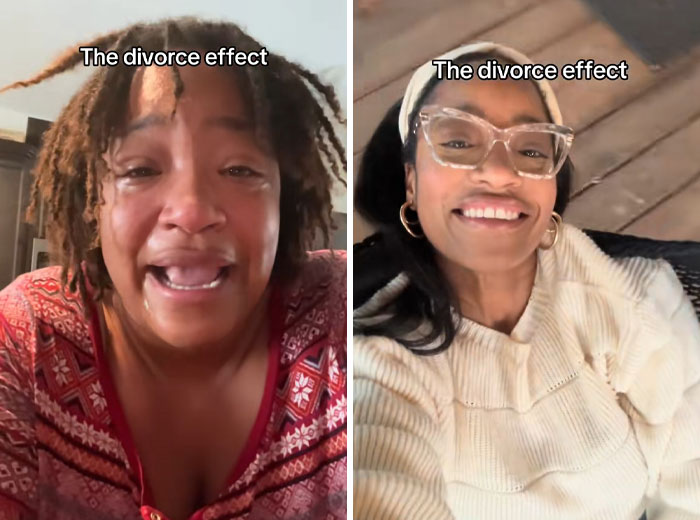 Woman showing the divorce effect before and after smile transformation, illustrating a positive divorce makeover change.