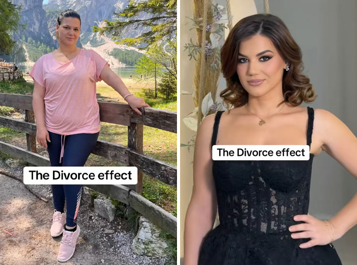 Woman showing before and after divorce makeover, casual outdoors outfit versus elegant dress and styled hair indoors.