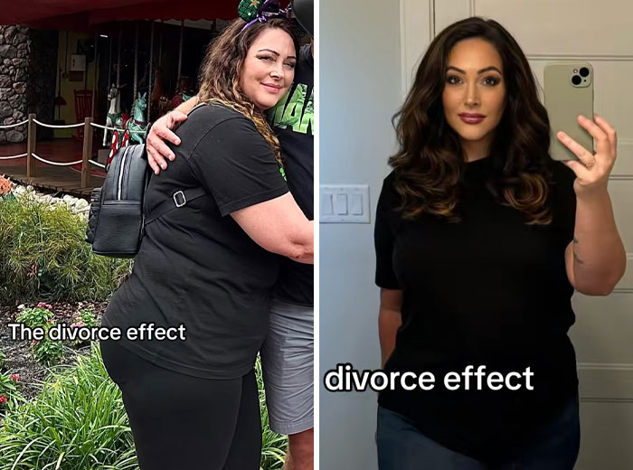 Before and after divorce makeover showing a woman’s transformation illustrating the divorce effect and personal renewal.
