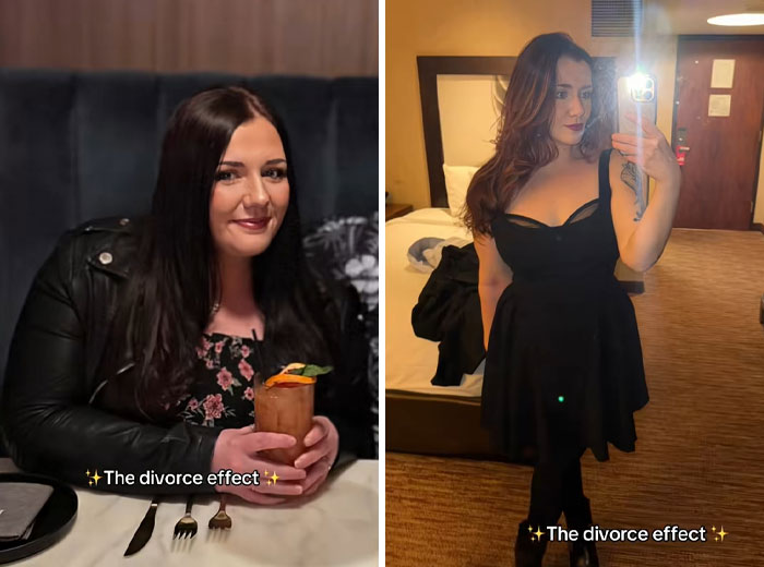 Before and after photos showing the divorce effect makeover with a woman transformed and confident in a black dress.