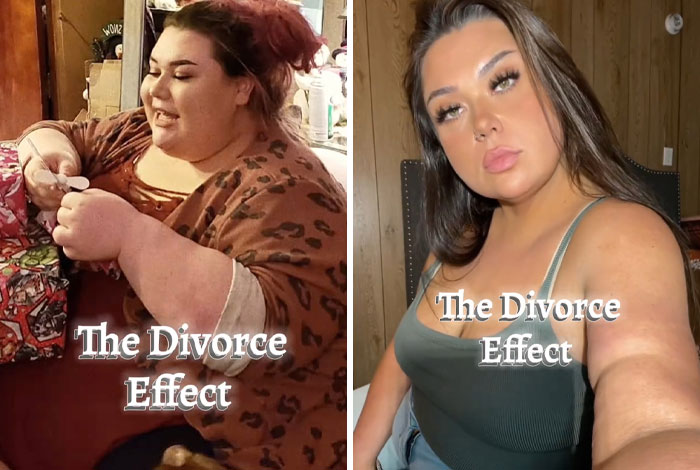 Before and after makeover photos showing the transformation effect of getting divorced on a woman’s appearance and confidence.