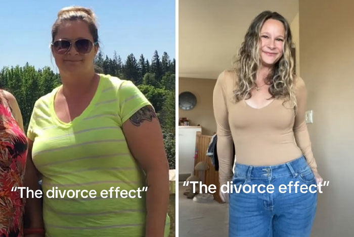 Woman showing before and after divorce makeover, highlighting the positive transformation and divorce effect.
