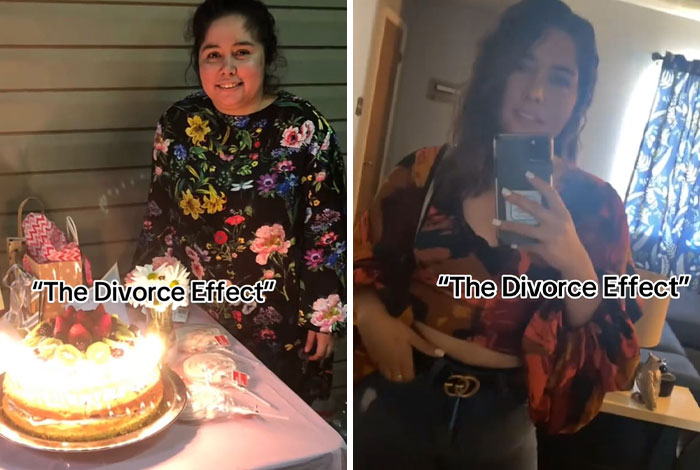 Before and after divorce makeover photos showing confident transformation and improved style and wellness.