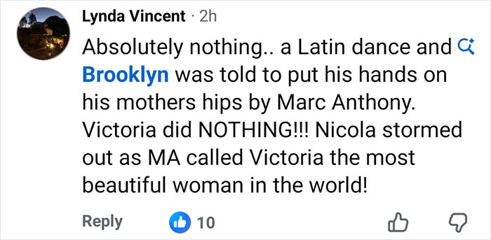 Comment discussing DJ at Brooklyn Beckham wedding breaking silence on inappropriate dance accusations with mentions of Marc Anthony and Victoria.