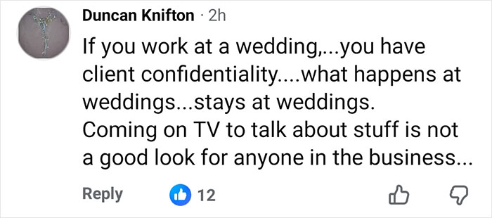 Comment by Duncan Knifton about client confidentiality at weddings in response to DJ at Brooklyn Beckham's wedding dance accusations.