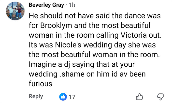 Comment criticizing DJ at Brooklyn Beckham's wedding for inappropriate dance remarks about the bride and Victoria.