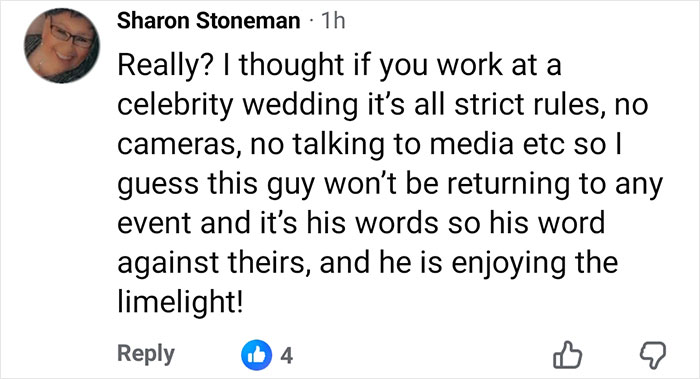 Comment by Sharon Stoneman questioning DJ at Brooklyn Beckham's wedding and inappropriate dance accusations, expressing skepticism.