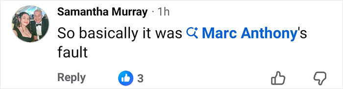 Facebook comment from Samantha Murray mentioning Marc Anthony&rsquo;s fault in a discussion about Brooklyn Beckham wedding dance accusations.