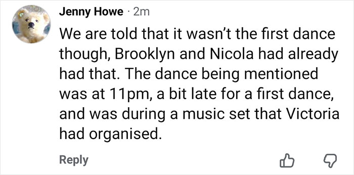 Comment discussing DJ at Brooklyn Beckham's wedding addressing claims about inappropriate dance during a music set.