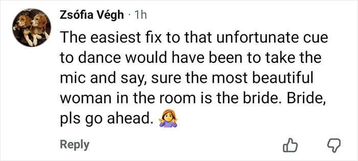 Comment suggesting a DJ at Brooklyn Beckham's wedding could fix dance issues by highlighting the bride as the most beautiful woman.