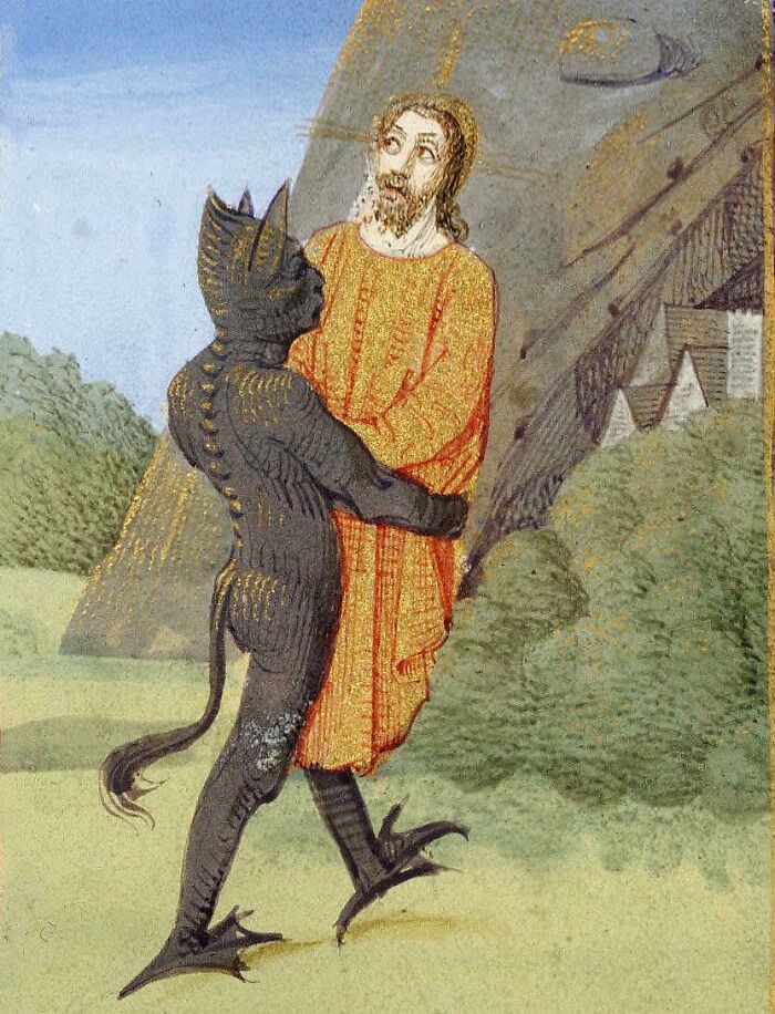 Medieval old painting showing a demon embracing a man in an orange robe, an example of hilariously bad but brilliant art.