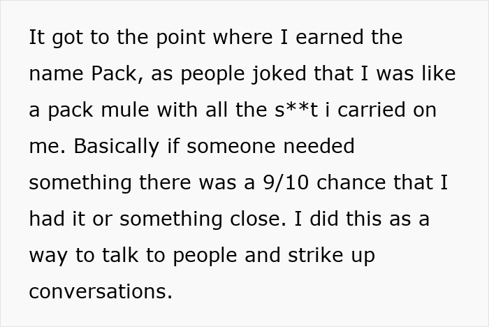 Text excerpt describing a man nicknamed Pack carrying items to connect with coworkers in a workplace conflict involving HR.