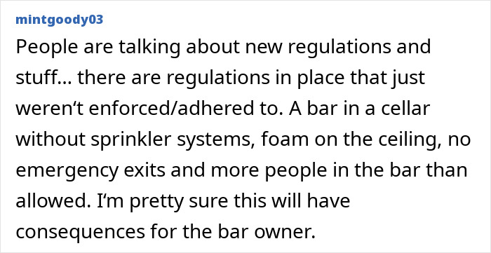 Comment discussing lack of fire safety regulations and overcrowding contributing to the Swiss resort blaze tragedy. Comment discussing lack of fire safety regulations and overcrowding contributing to the Swiss resort blaze tragedy.