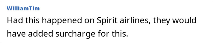 Text comment about Spirit airlines surcharge, written in black font on a white background.