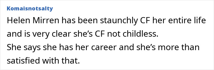 Text post discussing Helen Mirren being childfree by choice, relating to nannies and the internet raising kids.