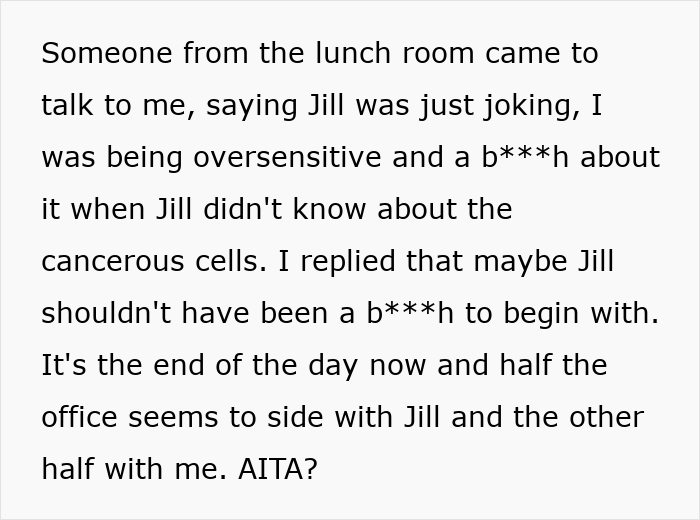 Text post sharing cancer surgery story after coworker says she's more plastic than Barbie, seeking judgment on conflict.