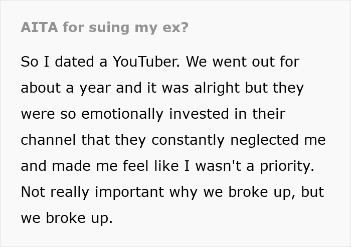 Text post discussing dating a YouTuber who prioritized their channel and led to a breakup and lawsuit for clout.